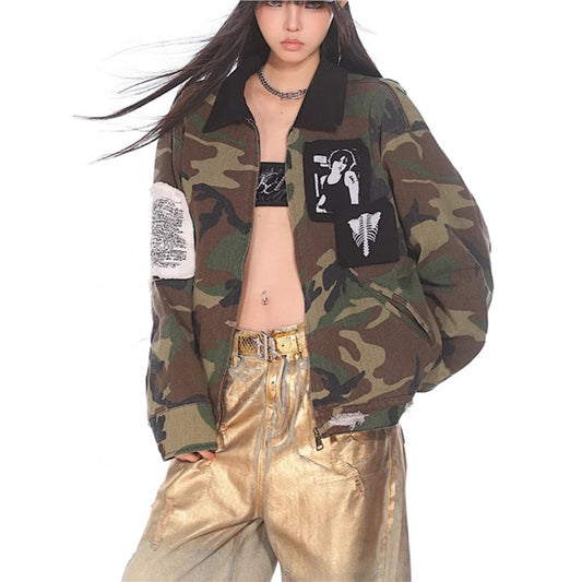 Loose Fit Workwear Jacket For Women camouflage oversized jacket with patches black collar styled with gold trousers