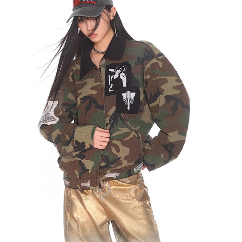 Loose Fit Workwear Jacket For Women camouflage oversized jacket with black collar and graphic patches