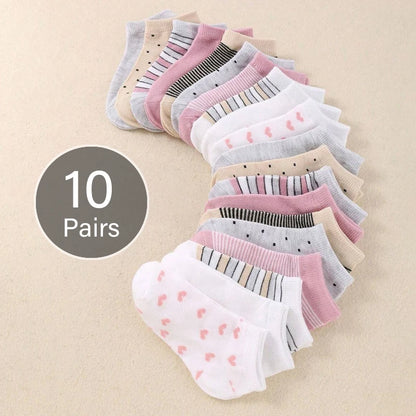 Set of 10 pairs of striped and heart kids socks in various pastel colours for playful styling