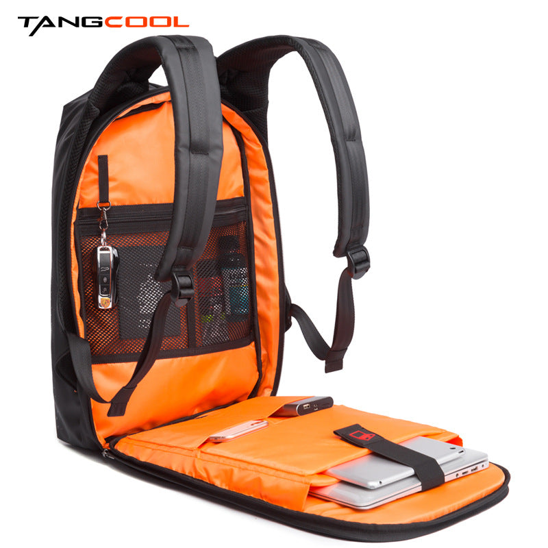 Cool outdoor backpack for men with orange interior and multiple compartments for easy organisation