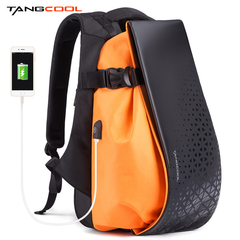 Cool outdoor backpack for men in black and orange with USB charging port for convenience
