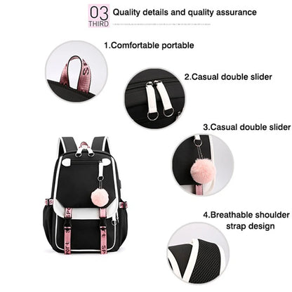Pink Black Laptop Backpack For Students with black body pink straps pompom double sliders breathable shoulder straps