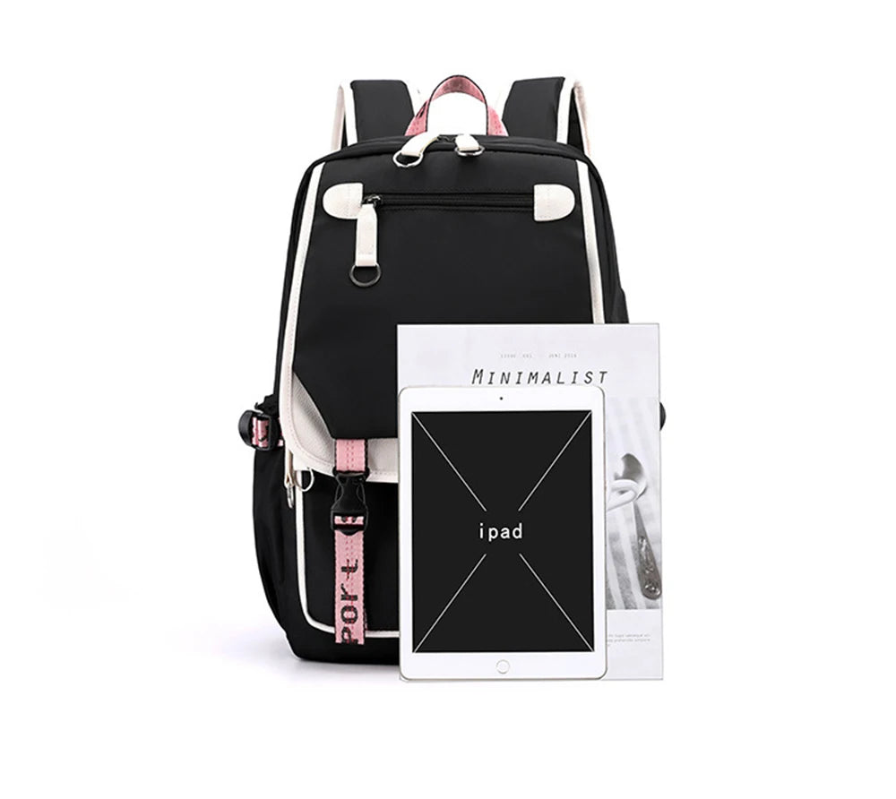 Pink Black Laptop Backpack For Students by Luxurymania24 black backpack with pink straps white trim and iPad pocket