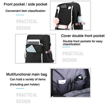 Pink Black Laptop Backpack For Students showing double front pockets side pocket and internal organiser compartments