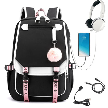 Pink Black Laptop Backpack For Students stylish black backpack with pink straps, white trim, pompom and USB port