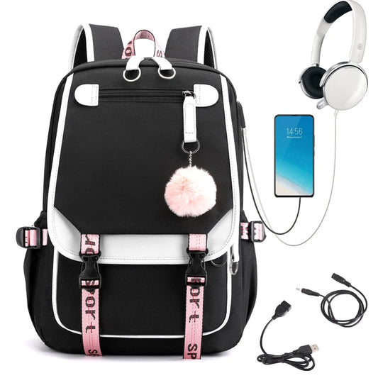 Pink Black Laptop Backpack For Students stylish black backpack with pink straps, white trim, pompom and USB port