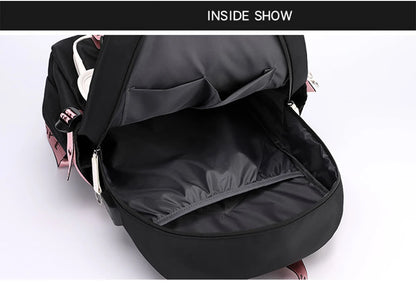 Pink Black Laptop Backpack For Students with open main compartment showing padded laptop sleeve and organiser pockets