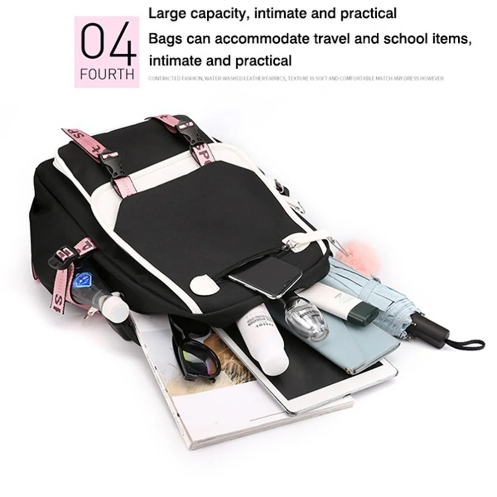 Pink Black Laptop Backpack For Students by Luxurymania24 showing large capacity with tablet umbrella bottle and books