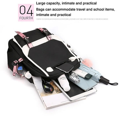 Pink Black Laptop Backpack For Students by Luxurymania24 showing large capacity with tablet umbrella bottle and books