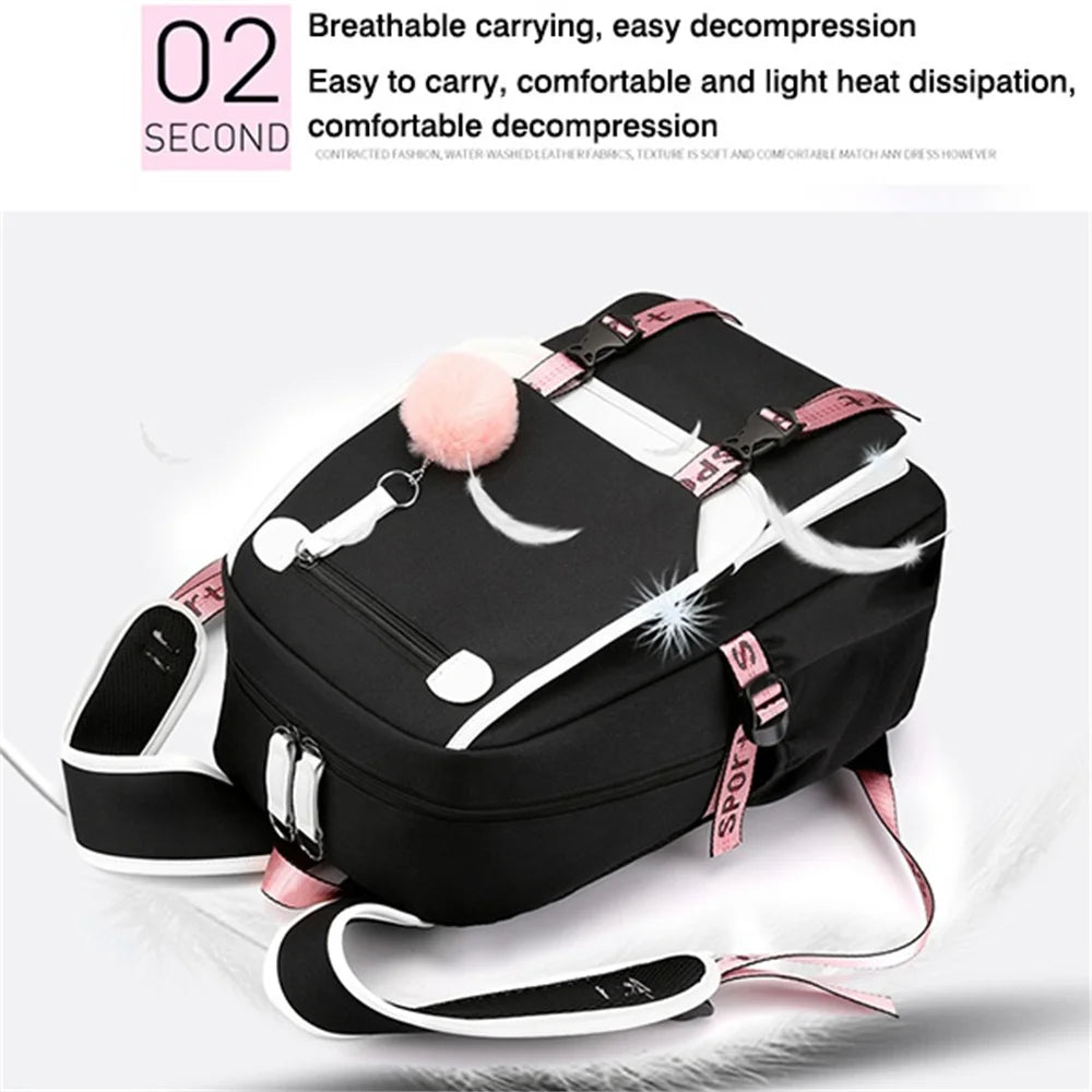 Pink Black Laptop Backpack For Students Luxurymania24 black school laptop backpack with pink straps and pom pom charm