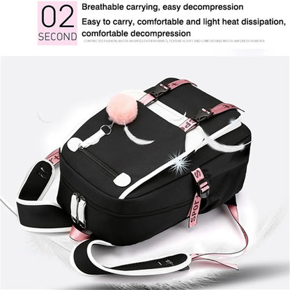 Pink Black Laptop Backpack For Students Luxurymania24 black school laptop backpack with pink straps and pom pom charm