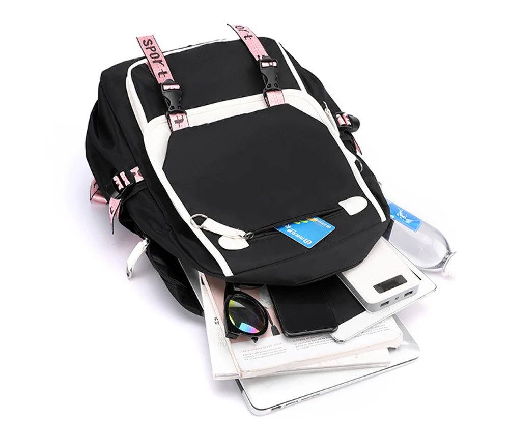 Pink Black Laptop Backpack For Students black backpack with pink straps white trim open with laptop phone power bank sunglasses