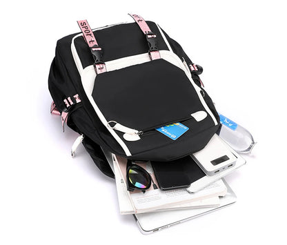 Pink Black Laptop Backpack For Students black backpack with pink straps white trim open with laptop phone power bank sunglasses