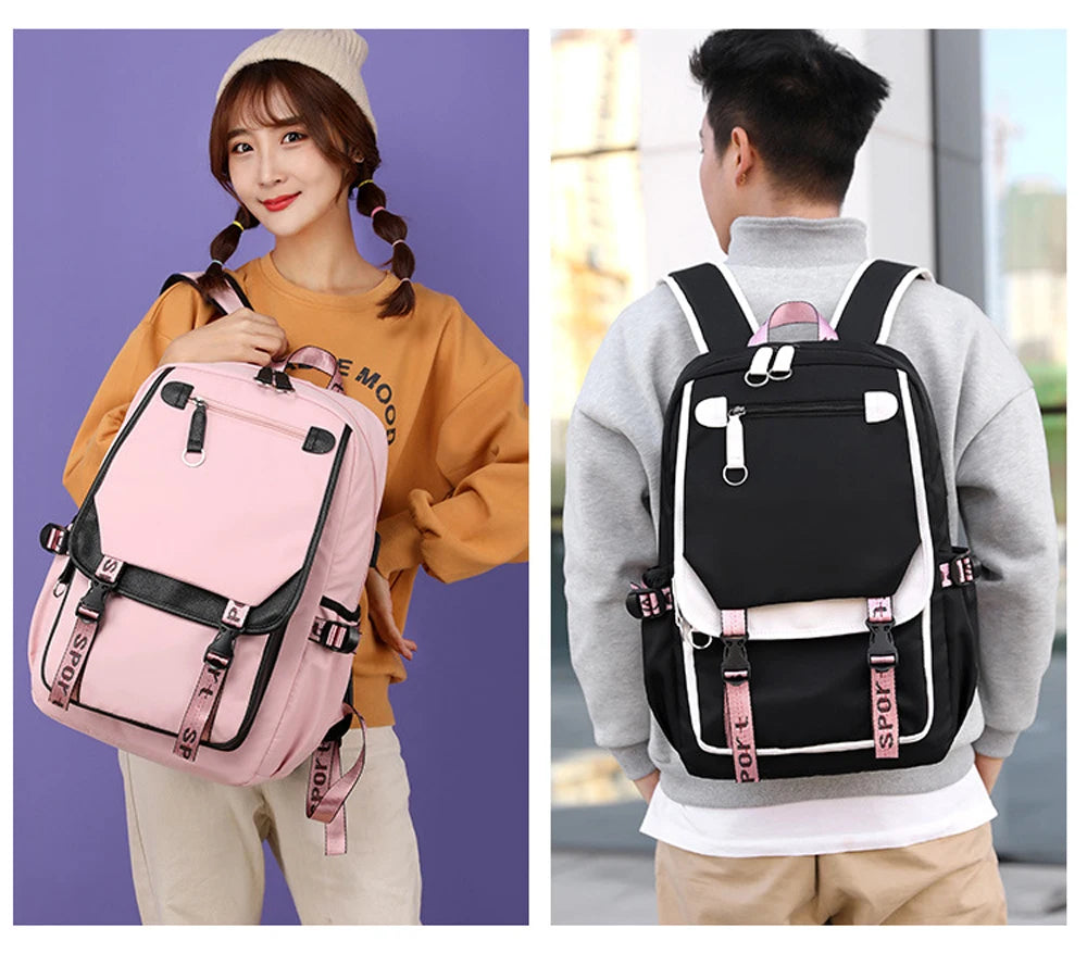 Pink Black Laptop Backpack For Students shown in pink and black on male and female models with pockets and adjustable straps