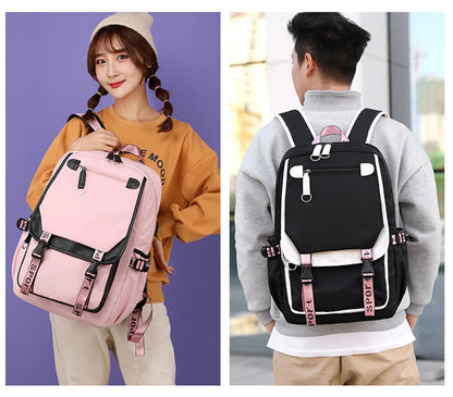 Pink Black Laptop Backpack For Students shown in pink and black on male and female models with pockets and adjustable straps
