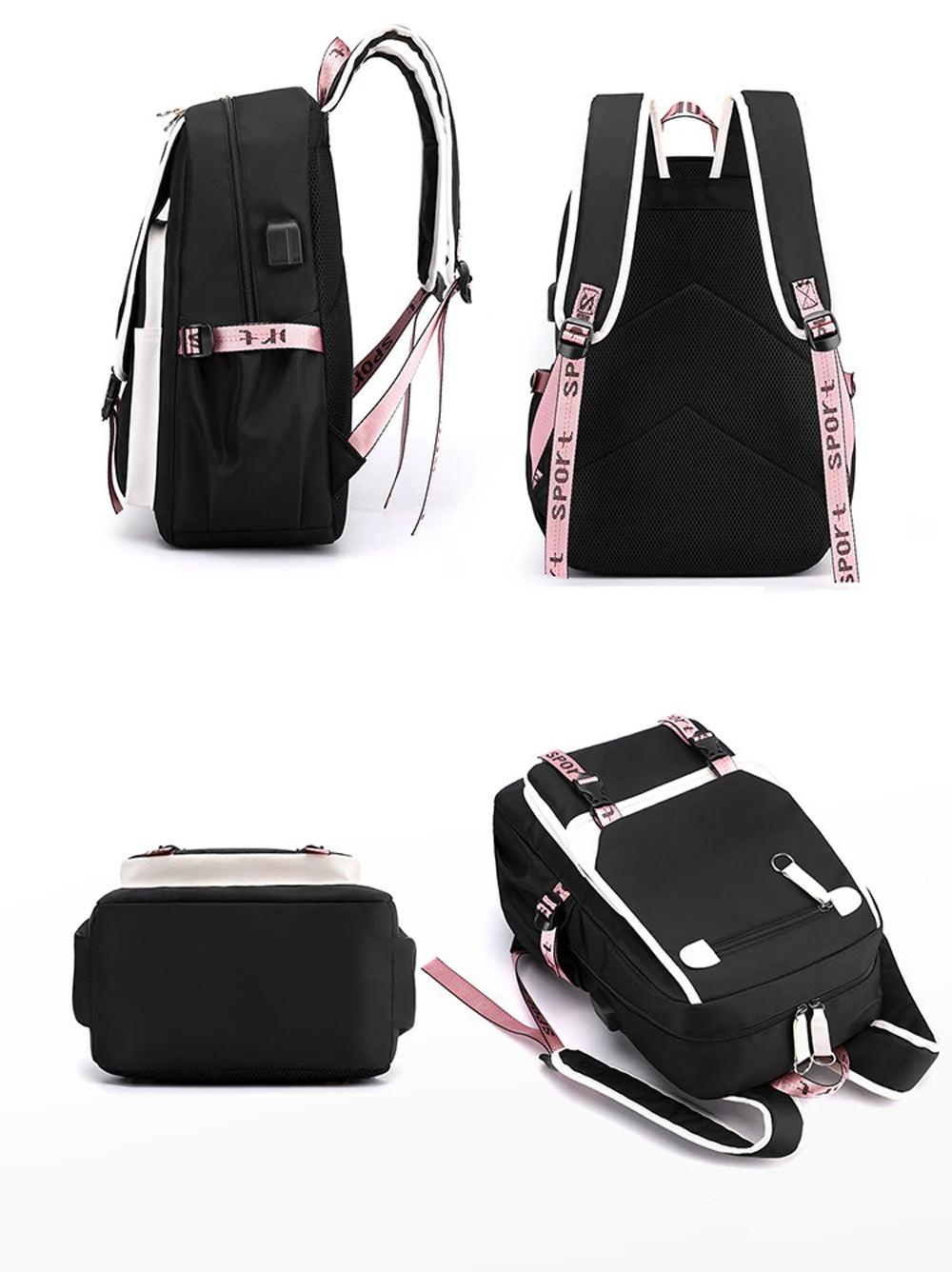 Pink Black Laptop Backpack For Students black school backpack with pink sport straps USB charging port and padded back