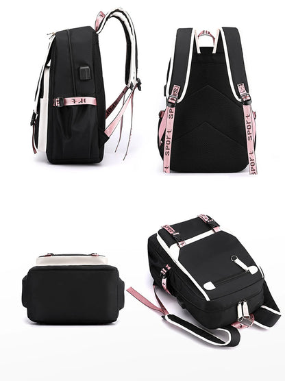 Pink Black Laptop Backpack For Students black school backpack with pink sport straps USB charging port and padded back