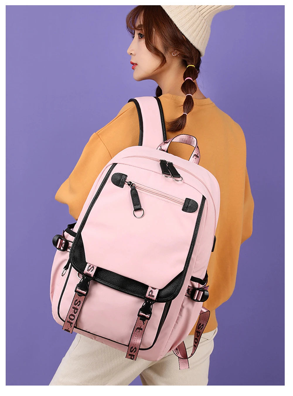 Pink Black Laptop Backpack For Students stylish everyday school bag with multiple pockets and adjustable straps