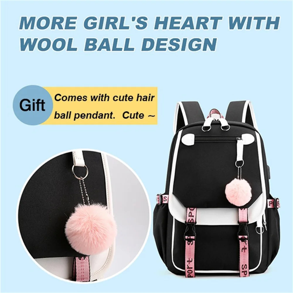 Pink Black Laptop Backpack For Students by Luxurymania24 black backpack with pink straps and wool ball pompom keychain