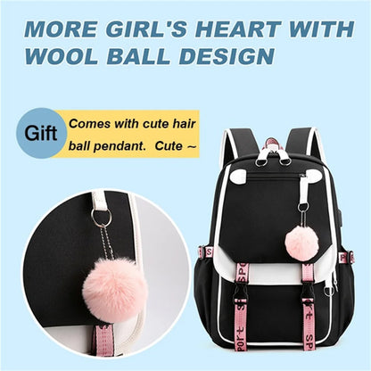 Pink Black Laptop Backpack For Students by Luxurymania24 black backpack with pink straps and wool ball pompom keychain