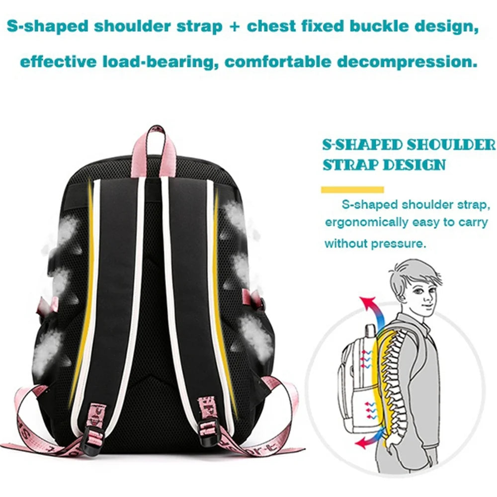 Pink Black Laptop Backpack For Students with S shaped padded shoulder straps chest buckle and breathable back panel