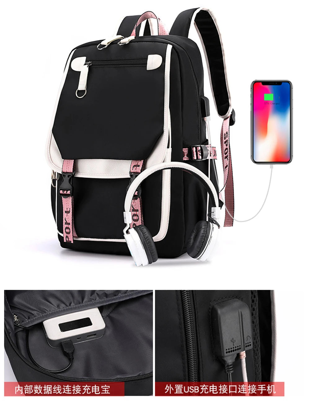 Luxurymania24 Pink Black Laptop Backpack For Students with USB charging port headphone pocket and padded straps