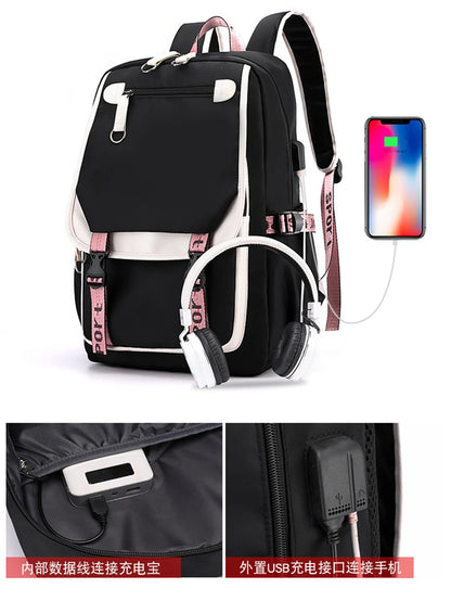 Luxurymania24 Pink Black Laptop Backpack For Students with USB charging port headphone pocket and padded straps