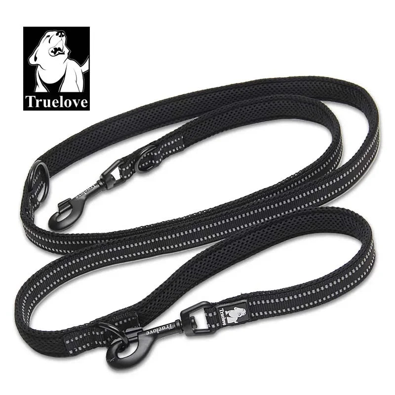 Truelove Adjustable Multi-Function Dog Lead in Black with Reflective Stitching for Safety