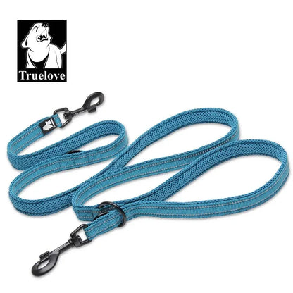 Adjustable multi-function dog lead in blue with sturdy clips for maximum versatility and comfort