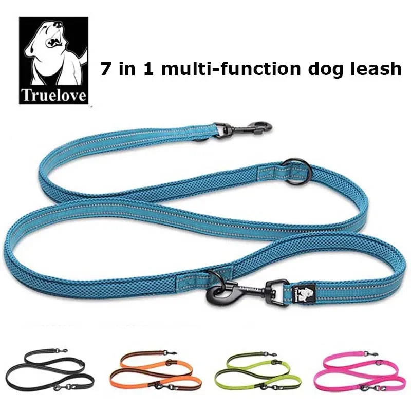 Adjustable multi-function dog lead in blue, designed for versatility and comfort during walks