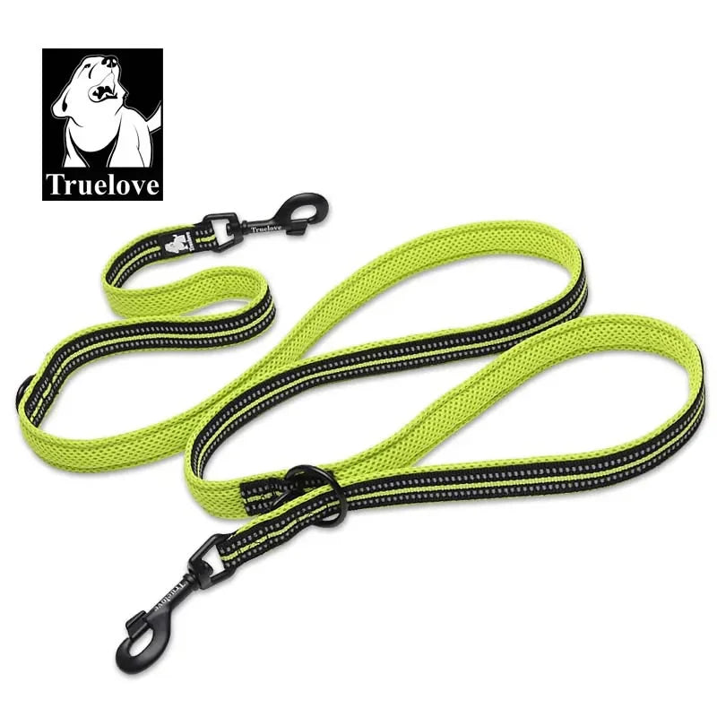 Bright green adjustable multi-function dog lead with durable clips and comfortable grip for pet owners