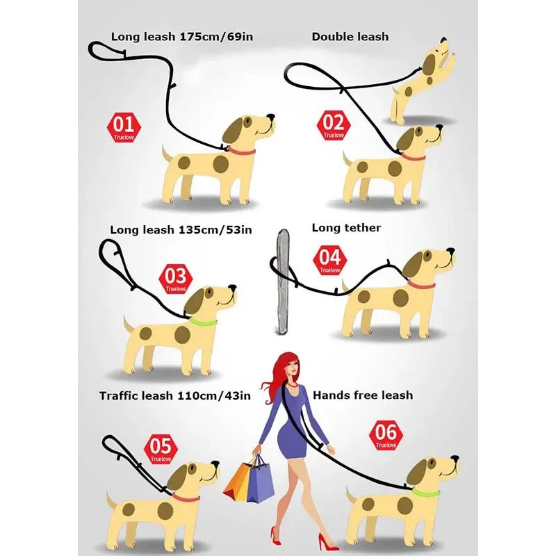 Adjustable multi-function dog lead showing six versatile leash configurations for different walking styles