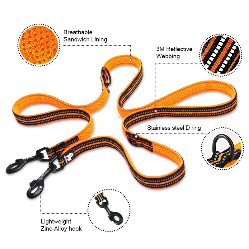 Adjustable multi-function dog lead in orange with reflective webbing and stainless steel D ring