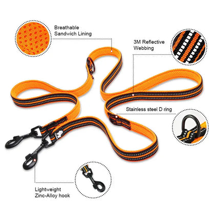 Adjustable multi-function dog lead in orange with reflective webbing and stainless steel D ring