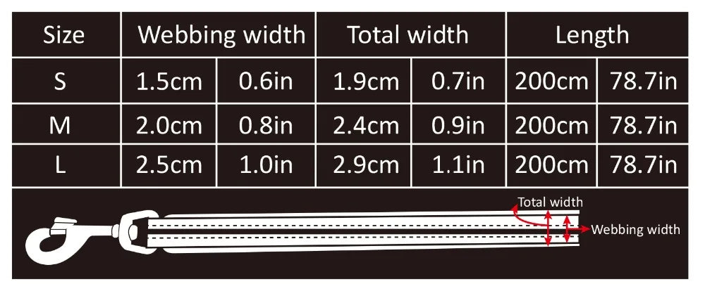 Size guide for adjustable multi-function dog lead displaying webbing and total width measurements