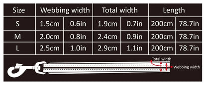 Size guide for adjustable multi-function dog lead displaying webbing and total width measurements
