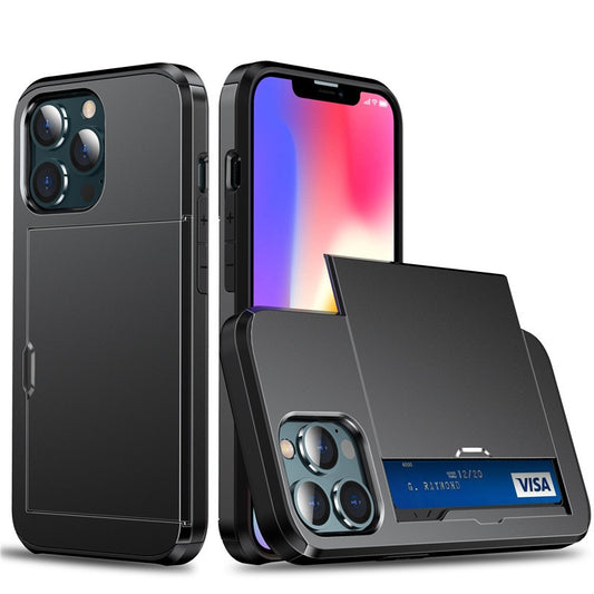 eprolo black slide card insert phone case Apple for iPhone with sliding back card slot and visible credit card