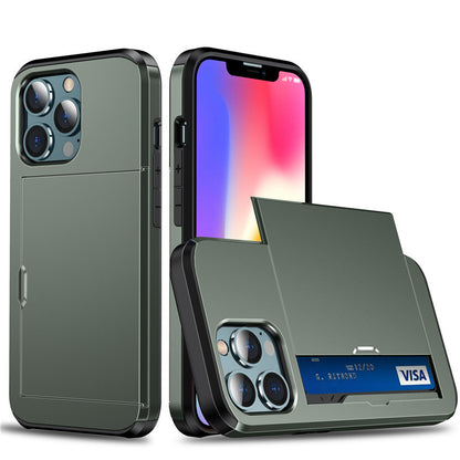 Olive green slide card insert phone case Apple with sliding card slot slim protective design for iPhone
