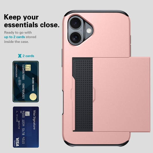 Rose gold protective phone case with sliding card compartment open showing two cards slide card insert phone case Apple