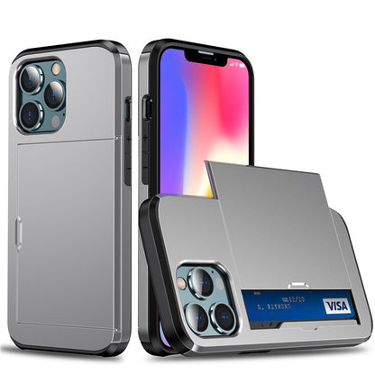 Silver protective iPhone case with slide card insert phone case Apple showing sliding card slot and camera protection