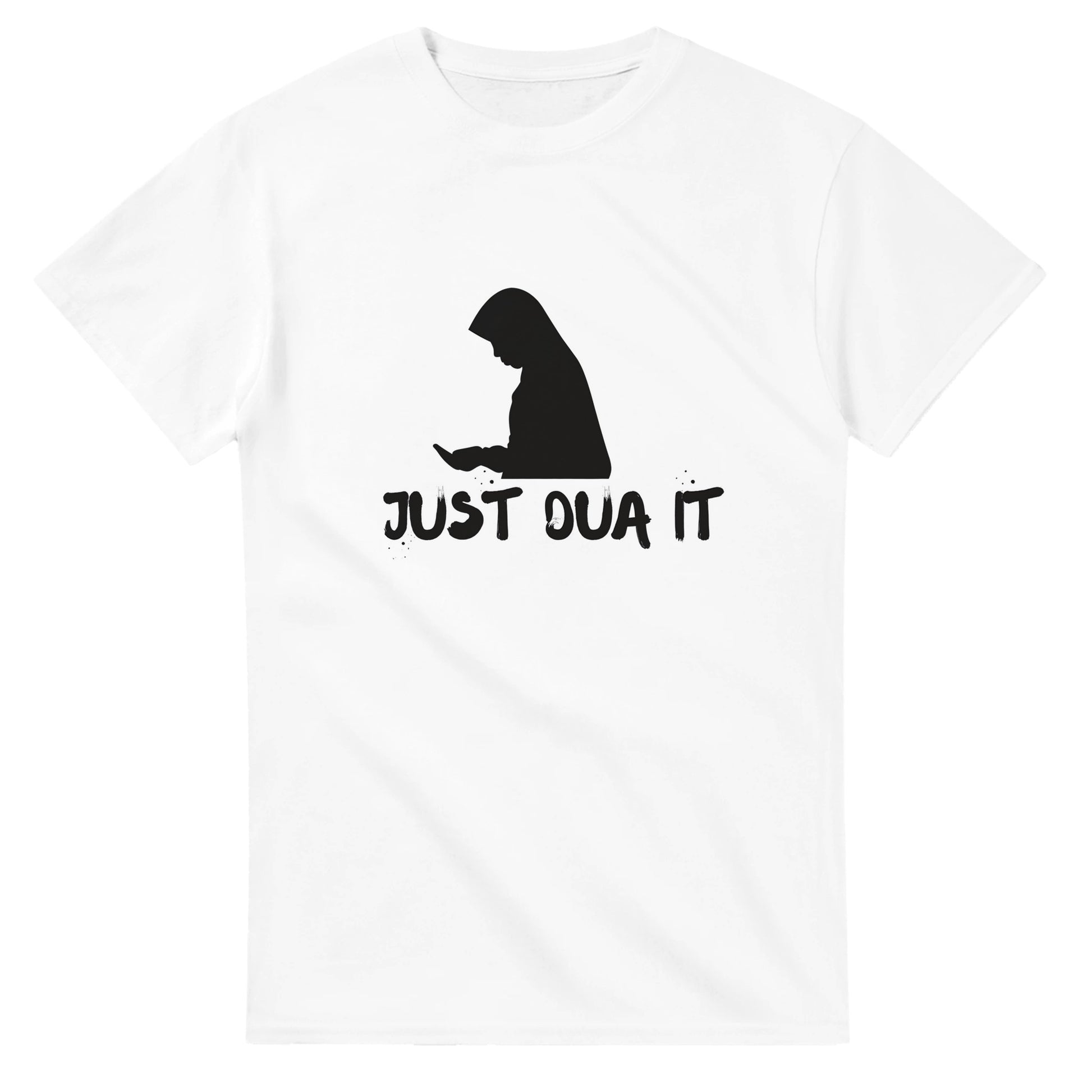 White unique Islamic fashion tee with black silhouette praying and text Just Dua It by Luxurymania24