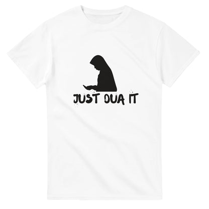 White unique Islamic fashion tee with black silhouette and Just Dua It text from Luxurymania24