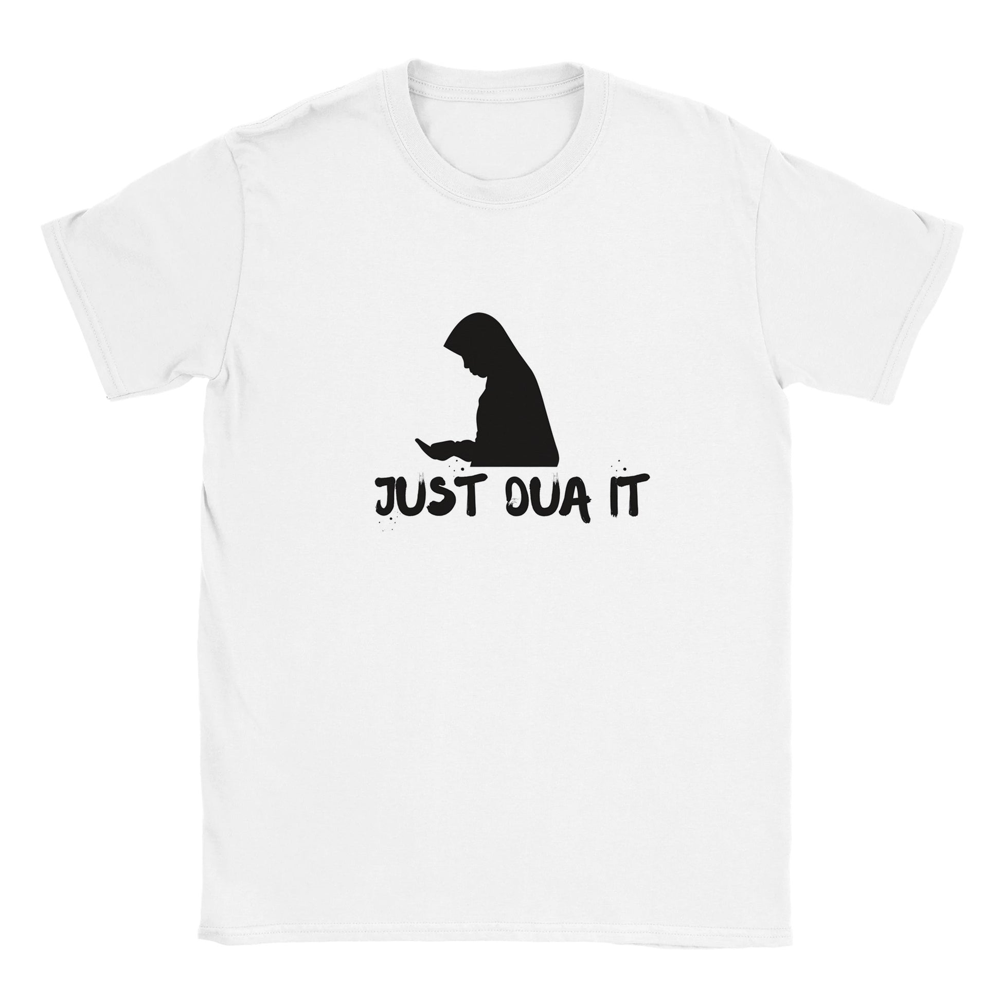 White print material with black graphic and text Just Dua It unisex luxury hoodie t-shirt design