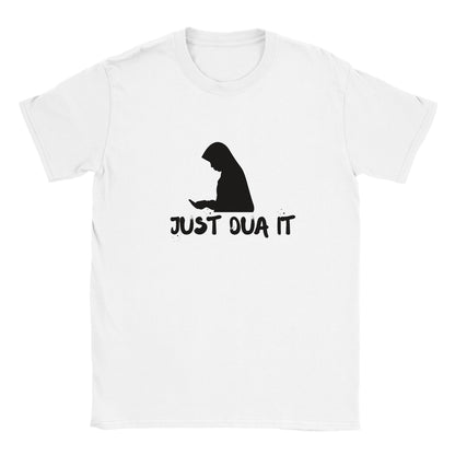 White print material with black graphic and text Just Dua It unisex luxury hoodie t-shirt design