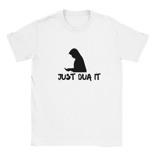 White print material with black graphic and text Just Dua It unisex luxury hoodie t-shirt design