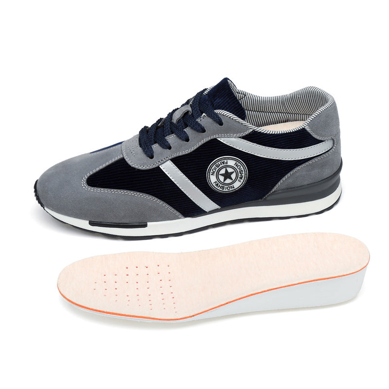 Elevated Sole Fashion Sneakers Men navy grey suede textile lace up with removable cushioned insole for everyday style