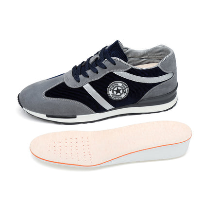 Elevated Sole Fashion Sneakers Men navy grey suede textile lace up with removable cushioned insole for everyday style