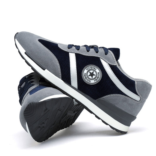 Elevated Sole Fashion Sneakers Men navy grey suede and mesh trainers with white stripe logo and rubber sole