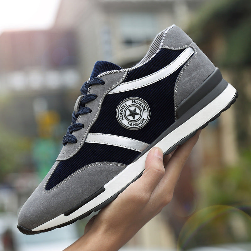Elevated Sole Fashion Sneakers Men grey navy suede mesh trainer with white stripe star logo held in hand