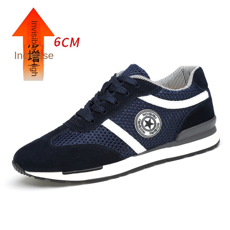 Navy mesh and suede Elevated Sole Fashion Sneakers Men with white stripe accents round logo and 6cm hidden height increase